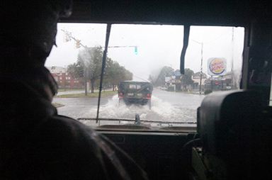 Virginia National Guard Soldiers from G Company, 429th Brigade Support Battalion, 116th Infantry Brigade Combat Team conduct reconnaissance patrols in support of Hurricane Sandy operations Oct. 29, 2012 in Norfolk, Va.